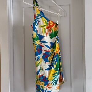 Women’s One-Shoulder Tropical Print Dress - White/Multicolor